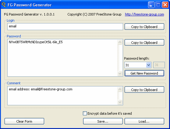 FG Password Generator allows you to create random passwords, using the fgrand (pseudo-random generator good enough for cryptographic purposes).