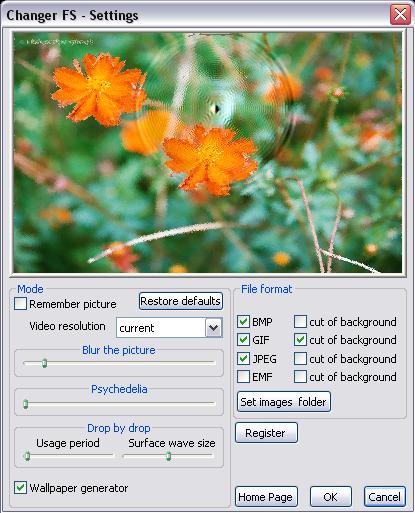 Changer fs - ScreenSaver, Wallpaper Generator! Landscapes of Australia. Smoothly maps files with images on a screen. Is remembering of the last file. Supports formats: BMP, GIF, JPEG/JPG, EMF. There is a possibility of an excision background. Special effects: blur, replacement of color, surface wave.